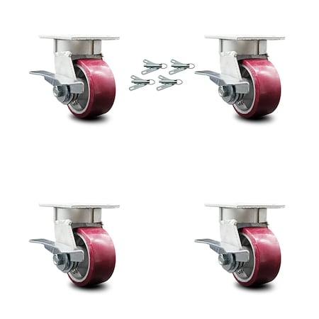 Service Caster 4 Inch Kingpinless Poly on Aluminum Caster Set with Brakes and Swivel Locks SCC SCC-KP30S420-PAR-SLB-BSL-4